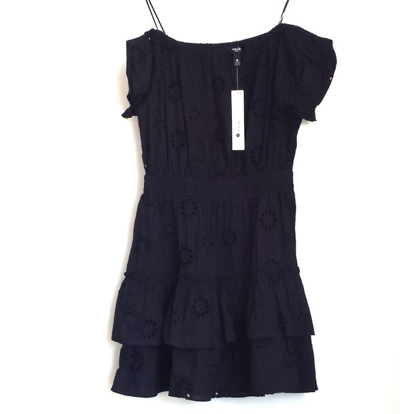 Aqua Black Eyelet Tiered Peasant Cover-up Dress Swim NEW Puff sleeve Medium - Picture 3 of 8